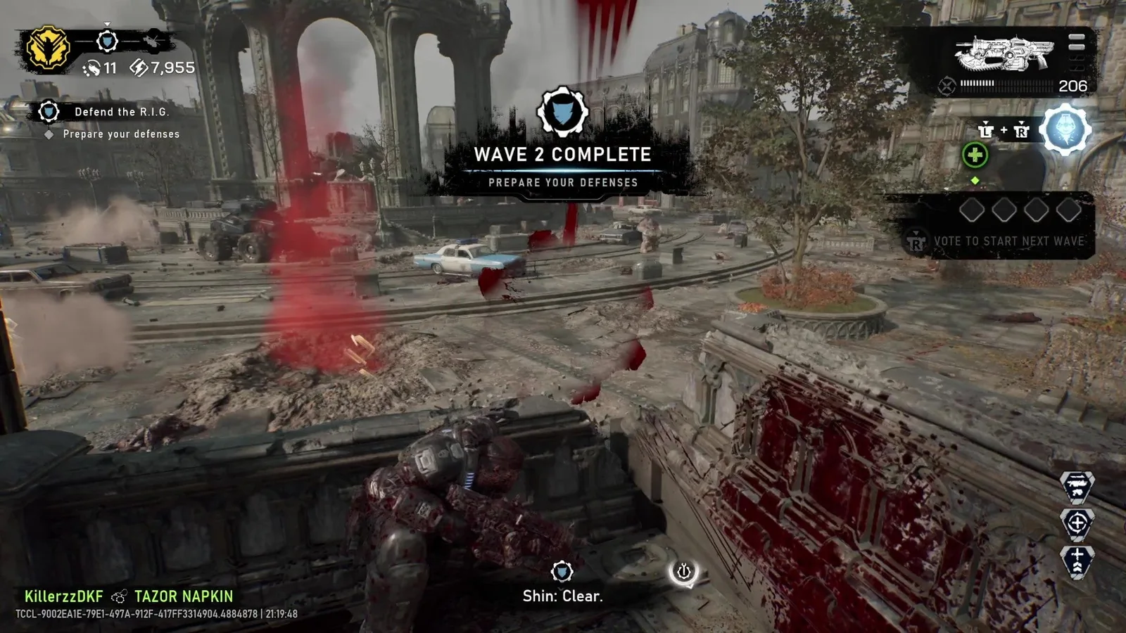 Horde Siege HUD showing Weapon Parts and Energy beside a Wave 2 complete message