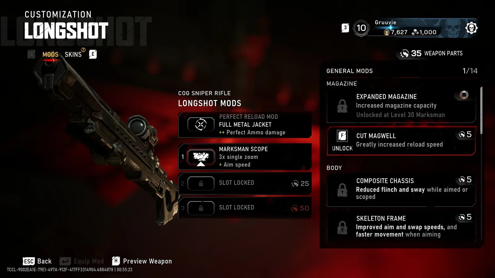 Longshot customization menu with Weapon Parts balance and unlock options