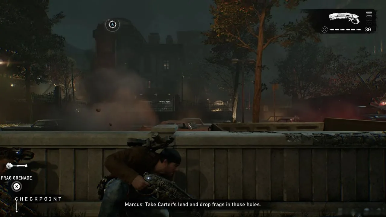 A Gear shelters behind cover with the Gnasher selected