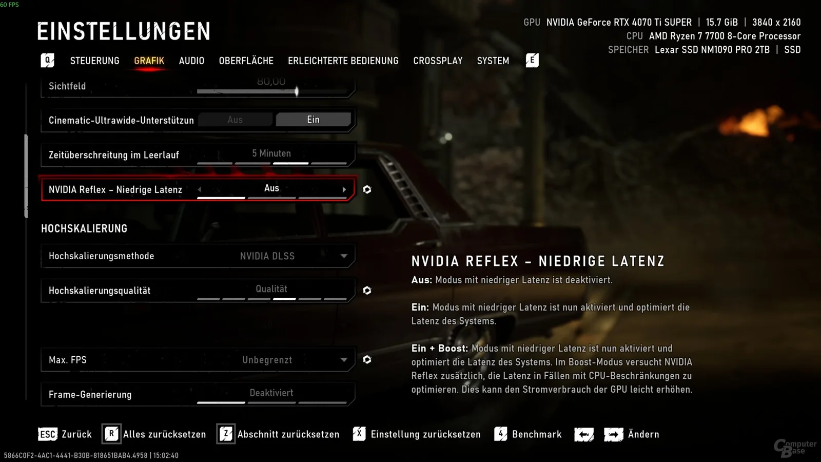 E-Day German graphics menu displaying upscaling method, upscaling quality, Target FPS, Max FPS and frame generation.