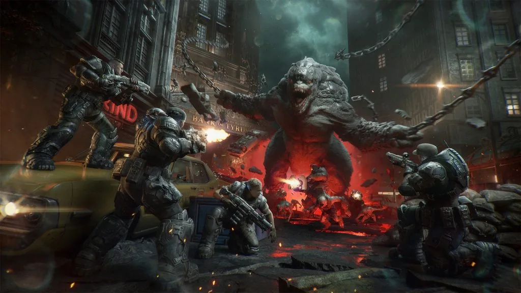 COG squad members fighting a towering enemy in official Horde Siege promotional artwork