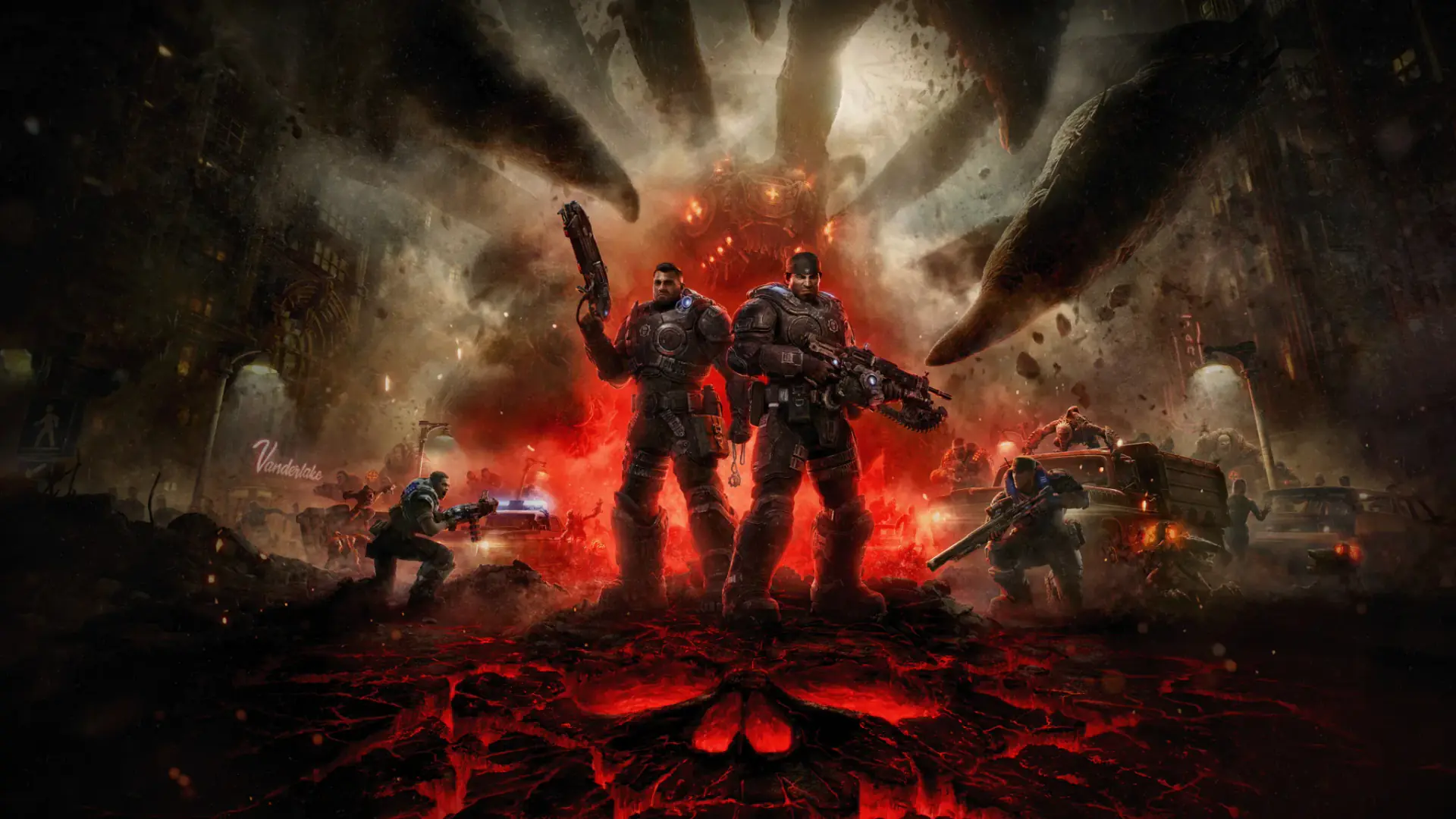 Official E-Day key art: Marcus and Dom beneath a Corpser
