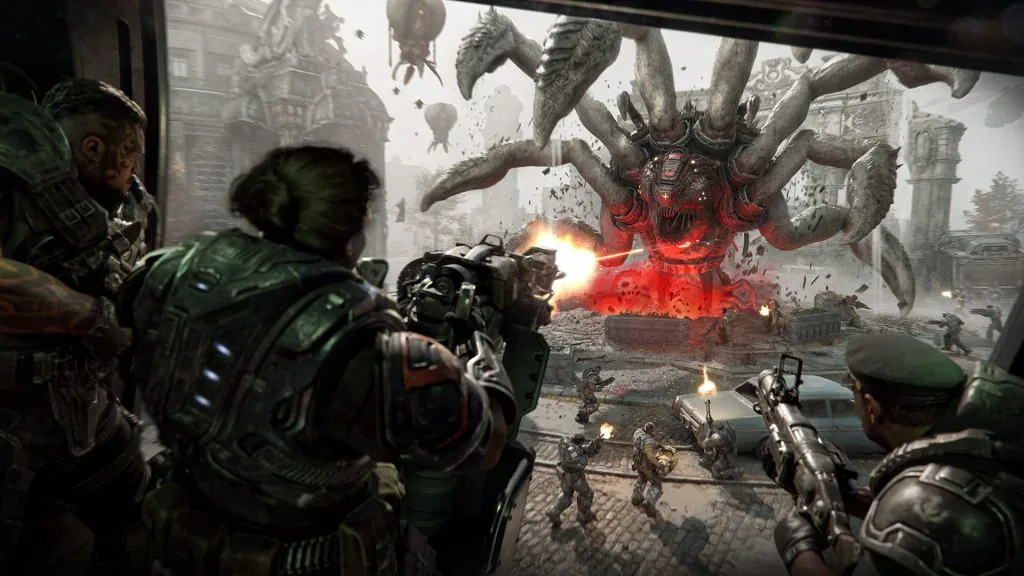 COG soldiers firing at a towering Corpser from a city street and balcony